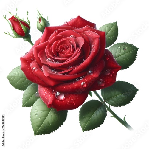 Red Rose with Water Droplets on White Background – Realistic Botanical Illustration for Romantic, Floral, and Decorative Use