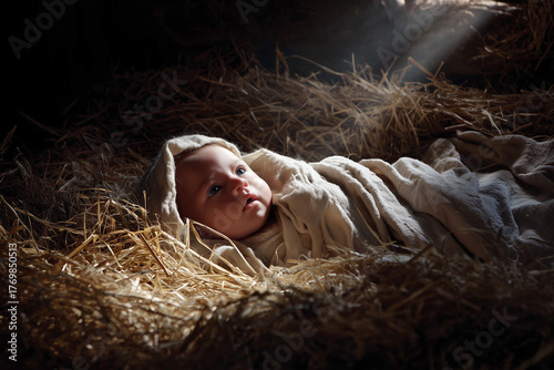 Newborn Jesus lying on golden hay turns toward the light in soft swaddling cloth within Bethlehem’s humble stable