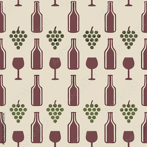 Seamless pattern with wine bottles glasses and grapes for a sophisticated design