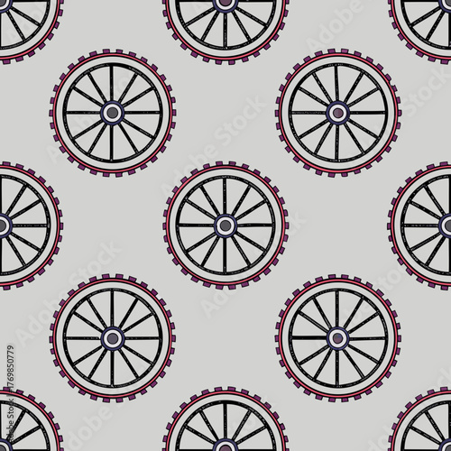Seamless pattern of stylized wagon wheels on a light gray colored background