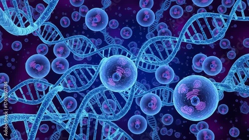 DNA Helix and Cells Under Microscope Microscopic view of DNA helix structures and cells concept of genetics, molecular biology, and research