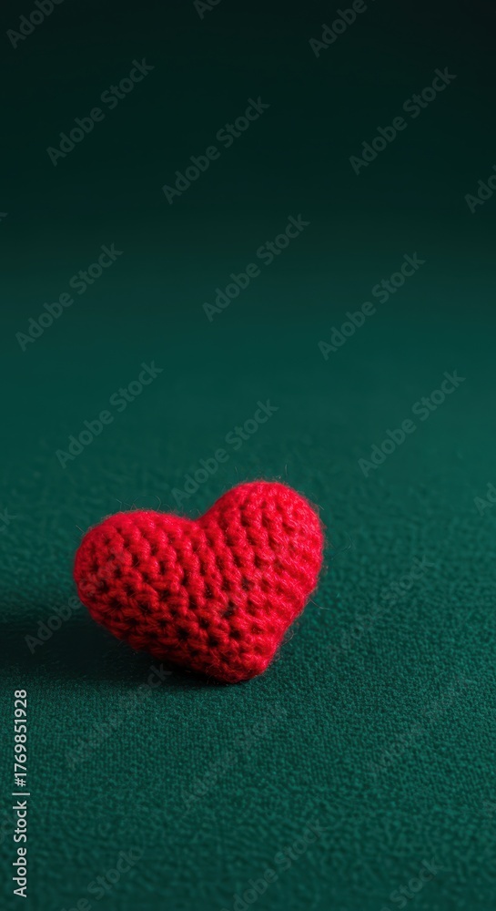 Fototapeta premium Handmade red knitted wool heart resting on a vibrant emerald green textured fabric surface, symbolizing affection and warmth ,valentines ,holiday ,close