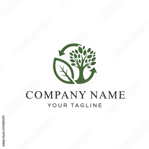 Eco friendly logo featuring a tree and recycling arrows for sustainability.