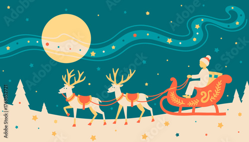 Reindeer pulling ornate sleigh under moonlit sky, holiday magic