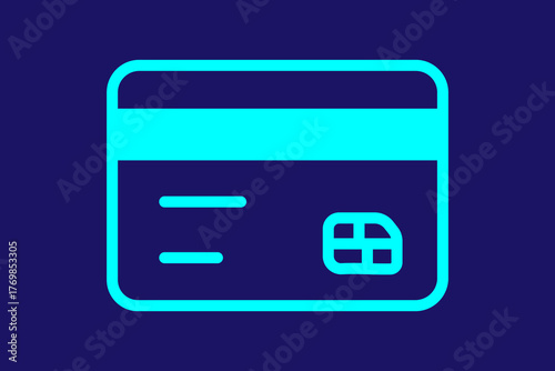 The image is a minimalist, neon-style icon against a dark navy blue background. The icon, outlined in bright cyan (or electric blue), depicts a standard credit, debit