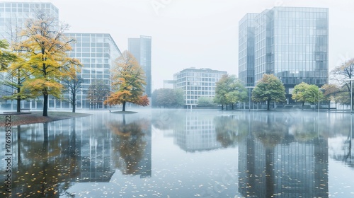 Urban autumn scene with buildings reflecting in a misty pool of water