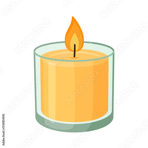Burning candle. Yellow candle in glass. Hand drawn trendy flat style isolated. For stickers, apps, posters, design. Relaxation, resting and aromatherapy design element. Vector illustration