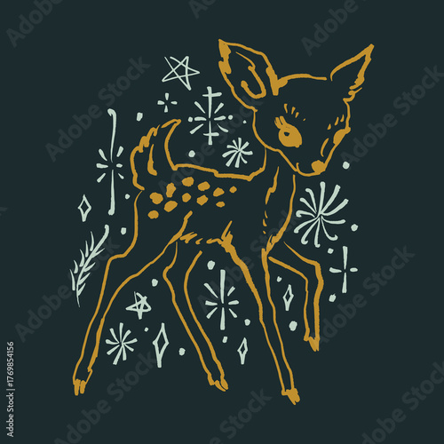 Winter Christmas New Year golden cute boho fairy tale baby rein deer silhouette without antlers animal icon print with snowflakes and evergreen brunches ornament elements, vector art flat dry brush