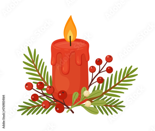 Christmas candle with pine branches, red berries, and a pine cone. Flat vector illustration. Perfect for holiday cards, winter decor, invitations, and festive design projects. Vector illustration
