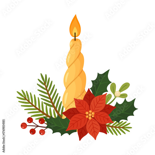Christmas candle with pine branches, red berries, and a pine cone. Flat vector illustration. Perfect for holiday cards, winter decor, invitations, and festive design projects. Vector illustration