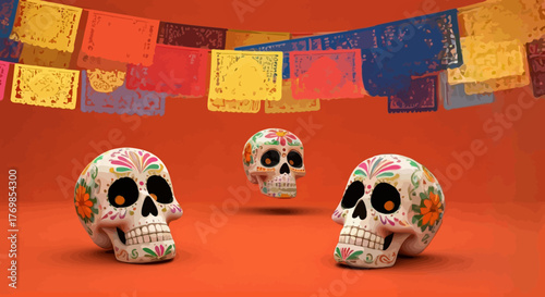 Colorful Sugar Skulls Displayed Under Festive Papel Picado Banners Against Warm