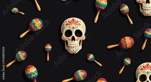 Day of the Dead Skull and Maracas Pattern on Black Background Festive