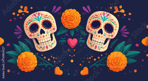 Pixel Art Day of the Dead Sugar Skull Pattern With Marigolds and Leaves