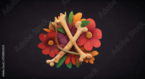 Pixel Art Arrangement of Crossed Bones and Autumn Flowers on Dark Background