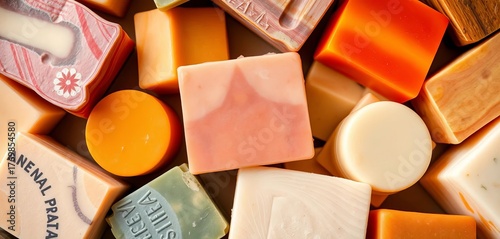Close-up of artisan natural soap bars, various shapes and colors,   olive oil,  essential oils