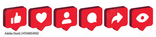 3D social media notification icons set in red speech bubbles: like, heart, follower, comment, share, and view eye icon, symbol. Perfect for apps, marketing, and web design