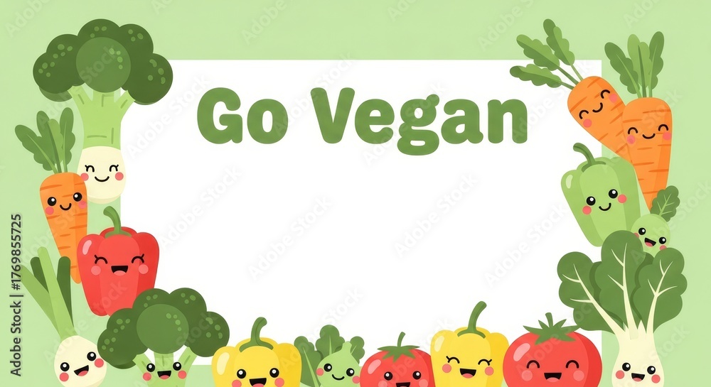 Fototapeta premium Go vegan text with cute vegetable character border on green background for World Vegan Day. Healthy food concept illustration for event promotion.