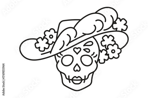 La Calavera Catrina line icon. Mexican fictional character - female skull in hat with flowers and feathers. Mexican Day of dead concept. Editable editable stroke, line thin line icon.