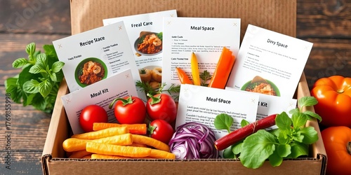 Fresh ingredients, recipe cards, meal kit box,   delicious,   recipe card