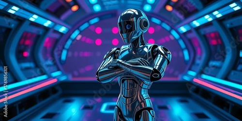 Sleek chrome robot, arms crossed, poised on a futuristic platform,  robotics,  intelligence