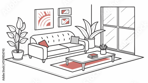 Modern living room interior design with sofa plants and coffee table home decor vector illustration