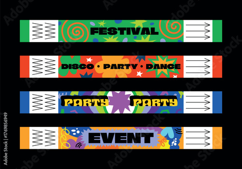 Collection of ticket management, wristbands for events, disco, festival, fan zone, party, staff. Vector cartoon mockup of a festival wristband for printing in a futuristic doodle style.