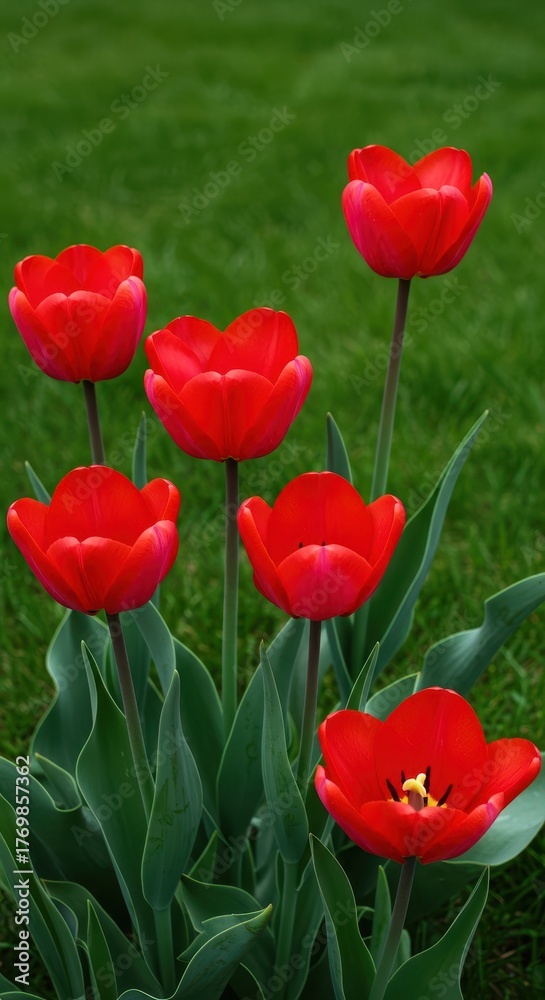 Fototapeta premium A group of bright red tulips blooming against a vibrant green lawn signaling the start of the spring season ,bright ,leaves ,flora
