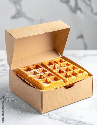 Close Up Shot of Two Golden Waffles Sprinkled With Powdered Sugar in a Brown Cardboard Box on a White Surface