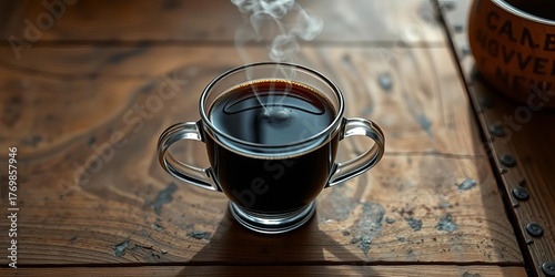 Steaming cup of dark coffee on rustic wood table, breakfast, mocha