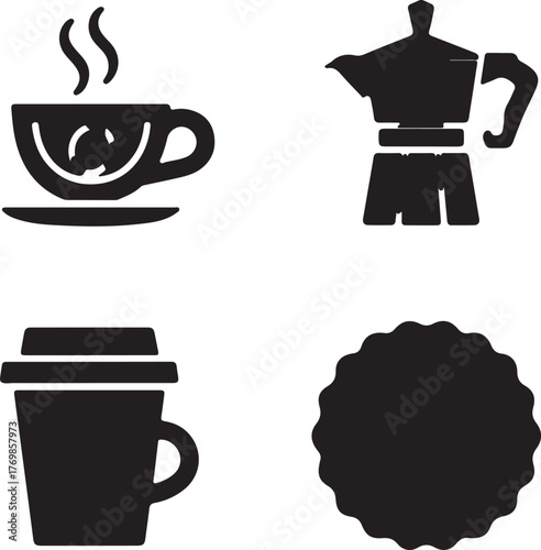 Stock Photo Description: Hot espresso in a cup with steam, beans, and a vector icon illustration for cafe beverage design