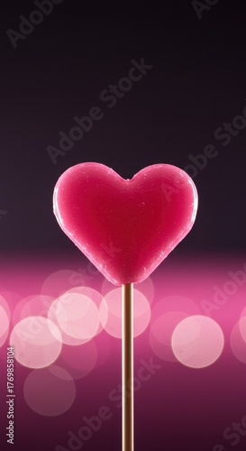 Close up of a delightful pink heart shaped hard candy on a stick, featuring beautiful soft focus bokeh lights and a vibrant gradient background ,pink ,romantic ,love