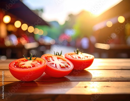 Close-Up Of Juicy Sliced Tomatoes On Wooden Table With Blurred Outdoor Background and Warm Lighting