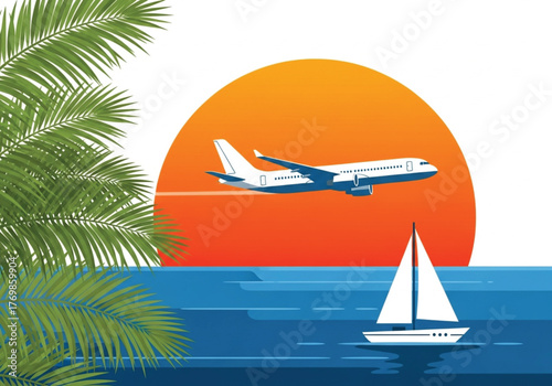 A commercial airplane flies across a vibrant orange sunset over the ocean, with a sailboat and palm fronds in the foreground.