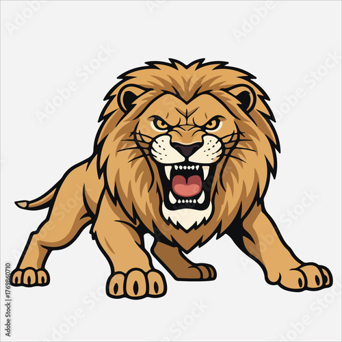 A cartoon lion with an open mouth and sharp teeth in a threatening stance against a plain white background.