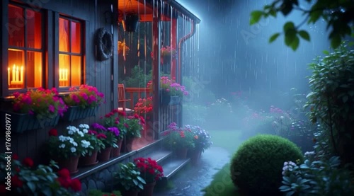 Cabana de madeira decorada com flores. Clima de chuva.