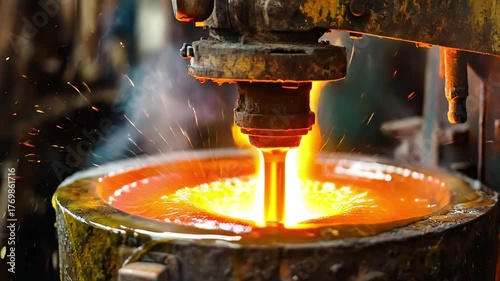 Process of pouring molten metal into a container at a manufacturing plant