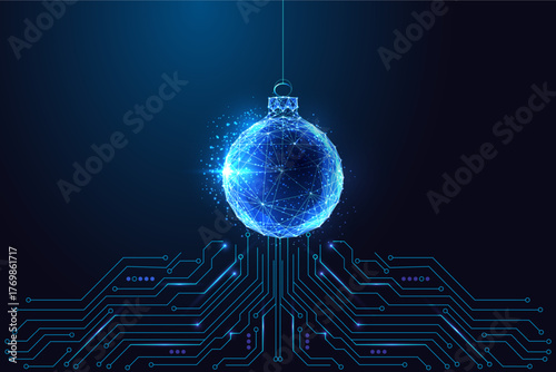 Futuristic Christmas ornament with circuit board, technology vector illustration, AI-themed greeting
