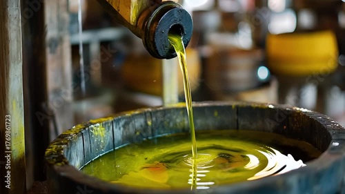 Olive oil extraction process in a traditional mill with rustic wooden equipment