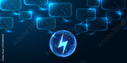 AI energy communication with digital lightning bolt and speech bubble network