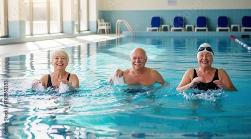 Idosos praticando natação na piscina.