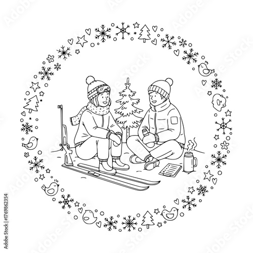 Biathlon Winter Picnic – Resting Skiers, Hot Drink, Pine Tree, Line Art, Festive Circular Border