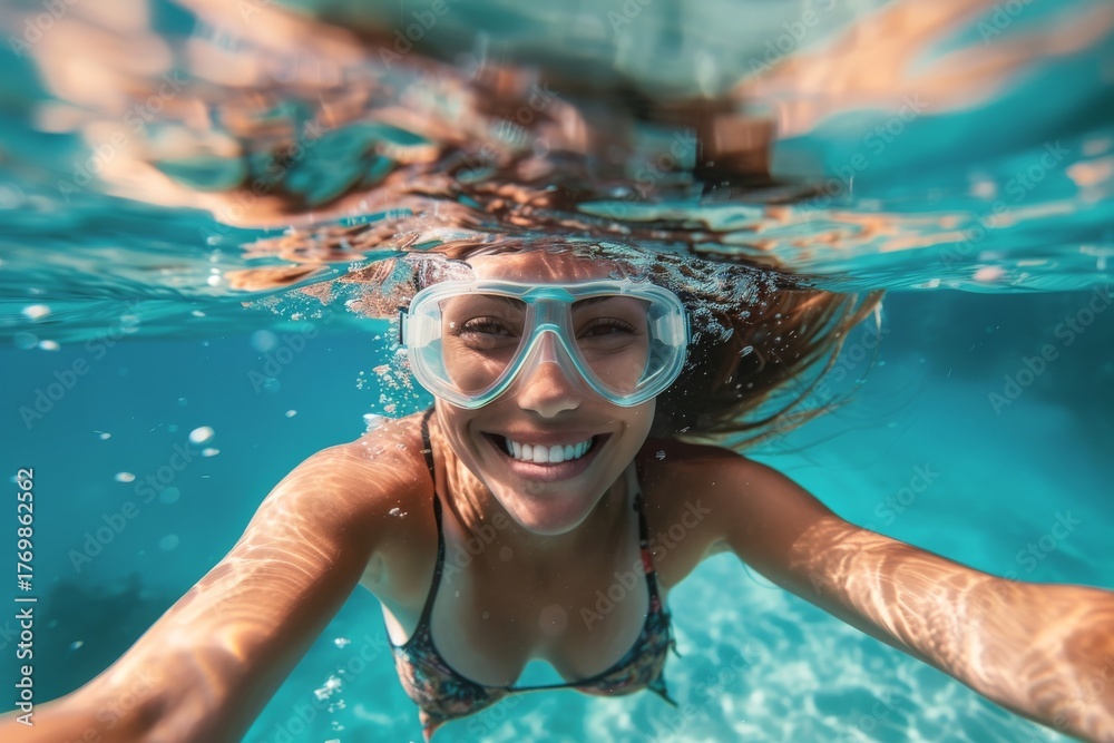 Fototapeta premium Happy girl underwater with goggles, bubbly and bright