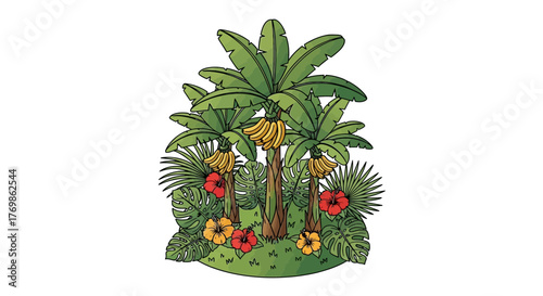 Vibrant tropical paradise with banana trees, hibiscus, and monstera leaves