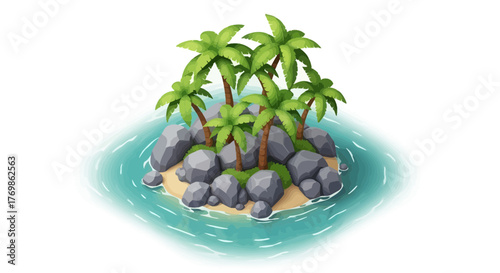 Serene tropical island illustration showcasing palm trees and calm turquoise water