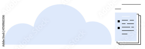 Simplified blue cloud with stacked documents representing data synchronization, secure sharing, and streamlined storage. Ideal for technology, innovation, file-sharing, security, cloud computing