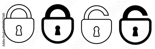 Padlock icon set showing locked and unlocked states in outline and solid styles. Perfect for security, privacy, login, access control, and password protection