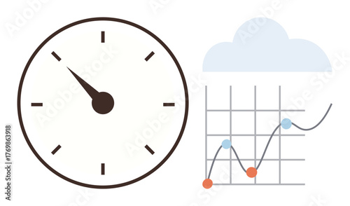 Clock with hands pointing to time, graph with connected data points, and cloud above. Ideal for productivity, analytics, planning, forecasting, digital trends, efficiency simple flat metaphor