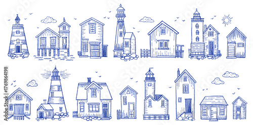 Lighthouse vector set. Sketch light, house and sea beacon illustration. Nautical marine tower icon. Lighthouse silhouette, water and ship beacon design. Vintage simple drawing. Kid crayon sketch bg