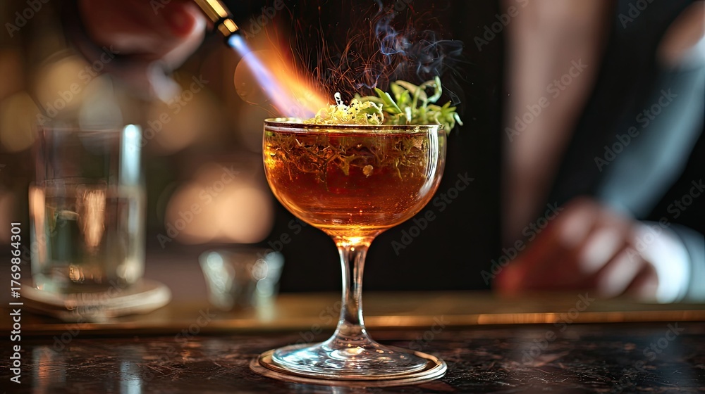 Fototapeta premium Artisan Cocktail with Flaming Garnish in Elegant Bar Setting Showcasing Skillful Mixology Techniques