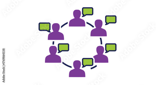 Connected people with speech bubbles forming a network purple and green silhouette